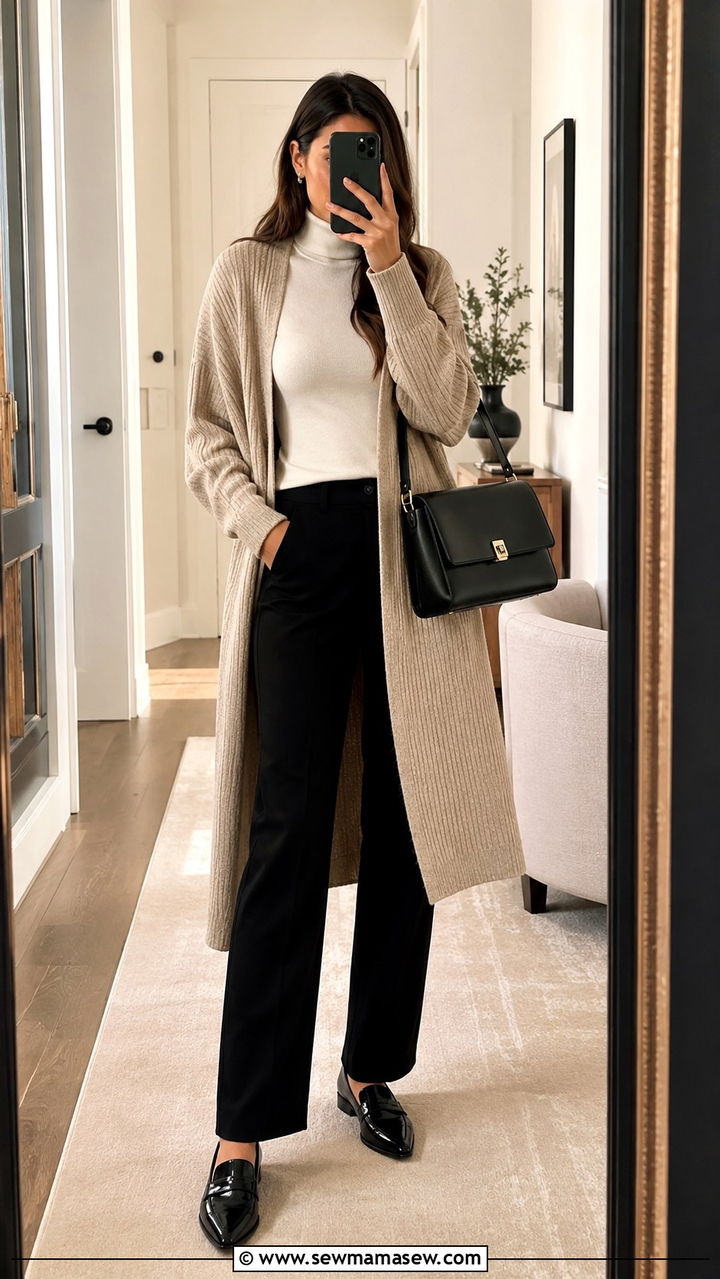 Long Cardigan Over Fitted Turtleneck And Straight Pants - 30 Outfit ideas for short torso