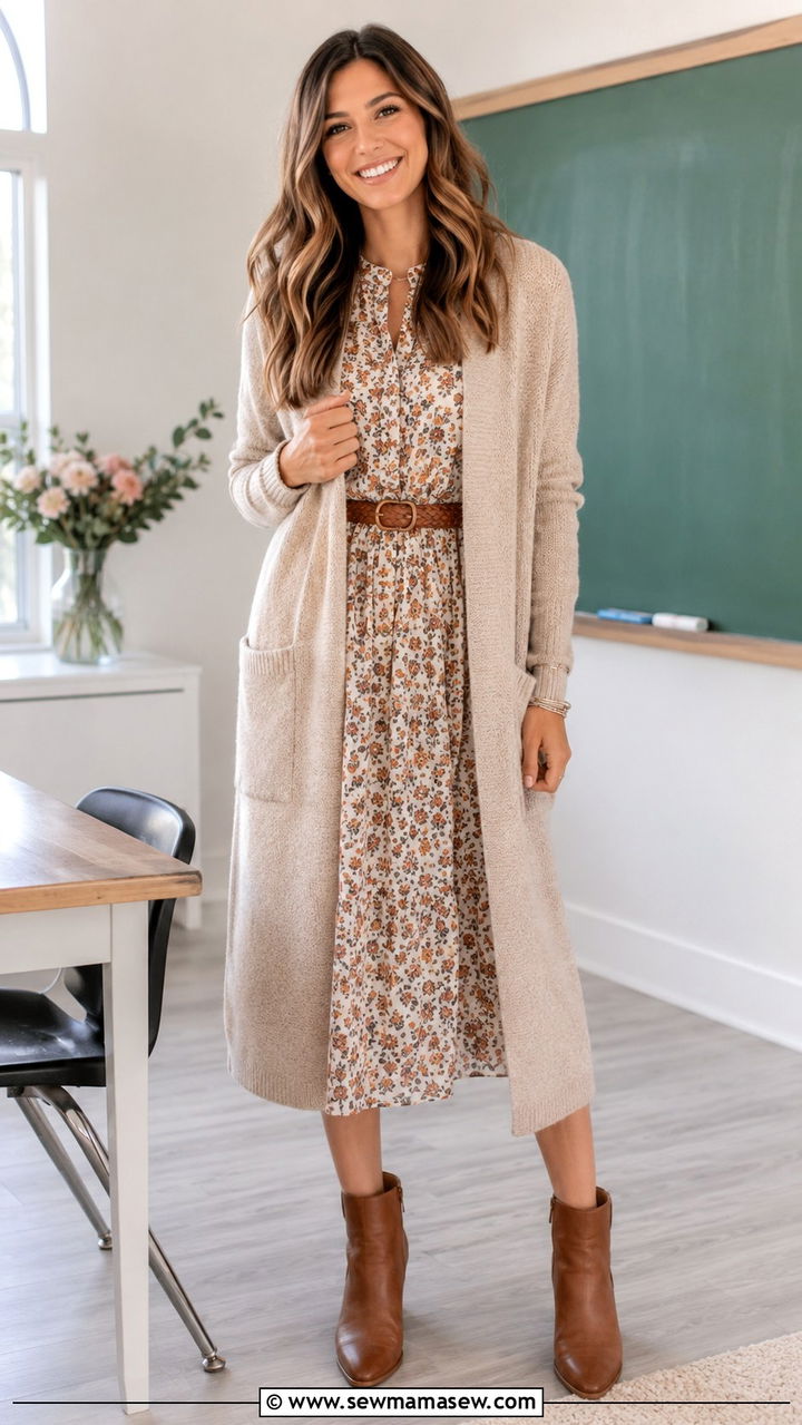 Long Cardigan Over Floral Midi Dress - 30 transitional teacher outfit ideas