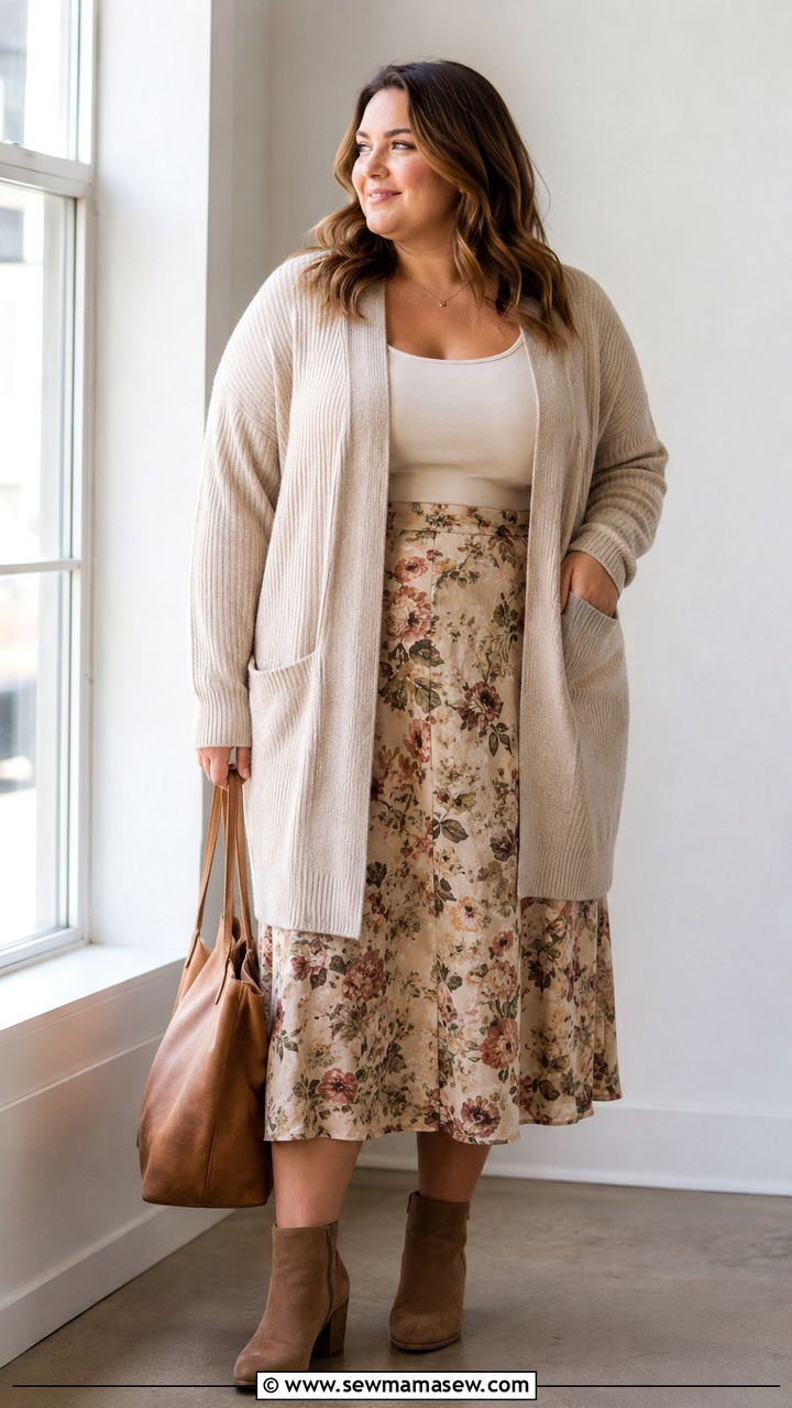 Long Cardigan Over Floral Midi Skirt - 25 Plus size work outfit ideas 2026