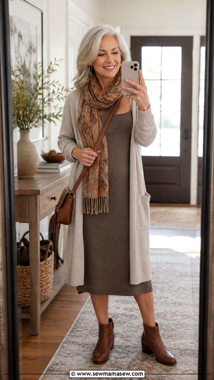 Long Cardigan Over Tank Dress With Ankle Boots - 20 Apple shape outfits for women over 60