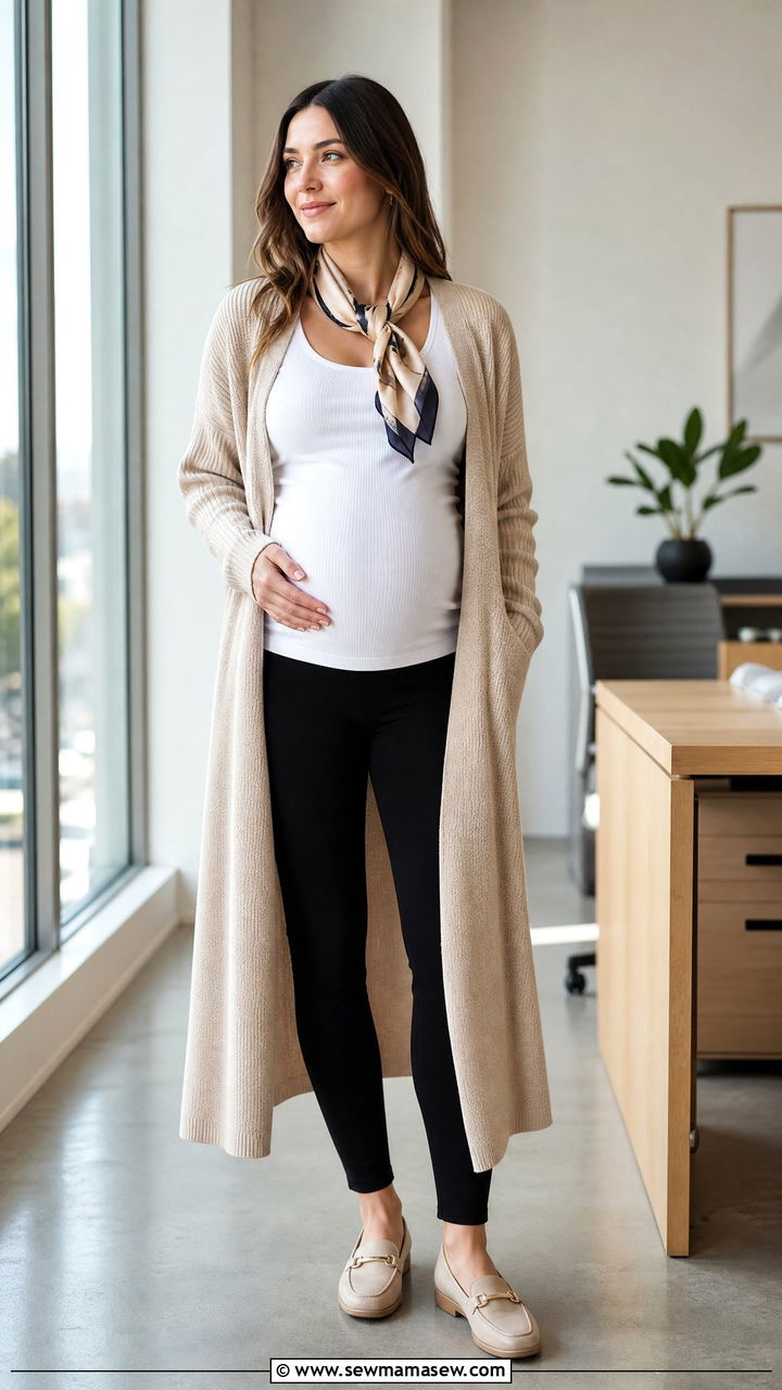 Long Cardigan Over Tank Top With Stretchy Pants Outfit - 25 First trimester outfit ideas