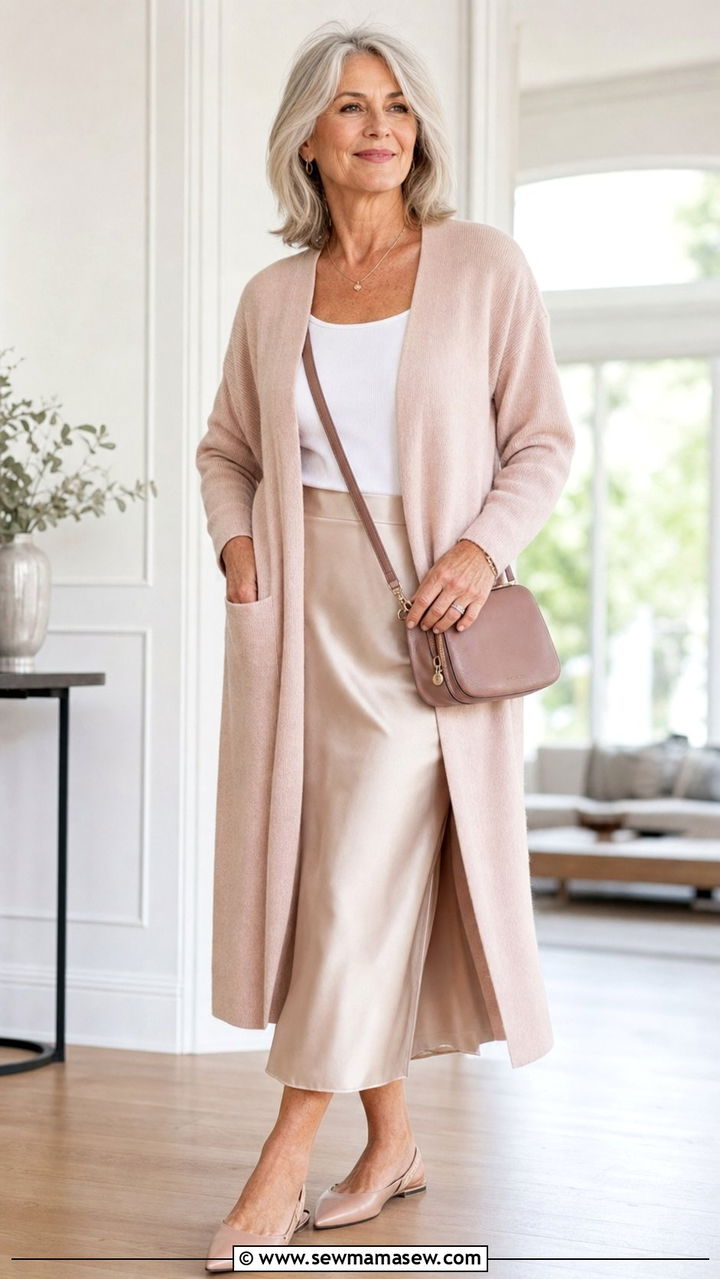 Long Cardigan Over a Midi Skirt and Tank - 25 Cute outfits for women over 60