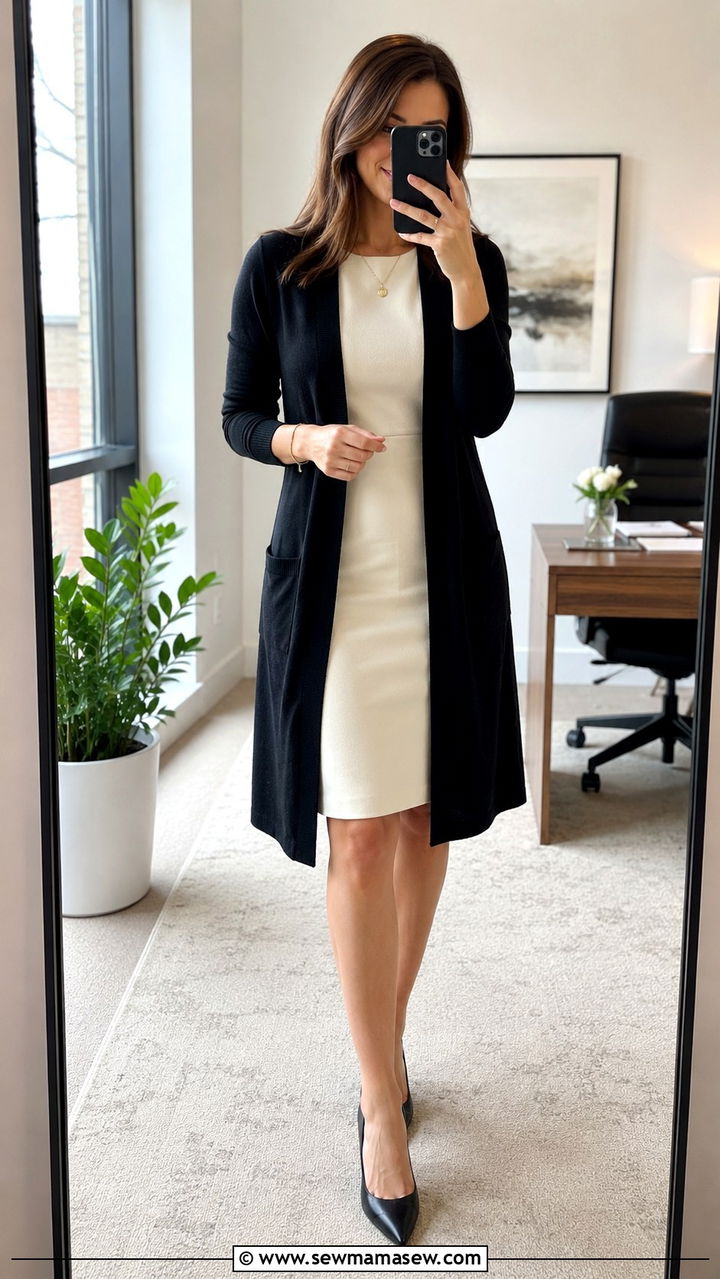 Long Cardigan Over a Sheath Dress and Pointed Toe Pumps - 30 How to style a cardigan for work