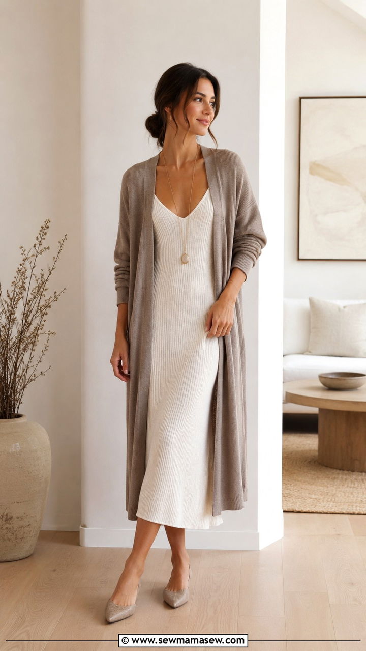 Long Cardigan Over a Slip Midi Dress - 25 modest classy outfits to copy