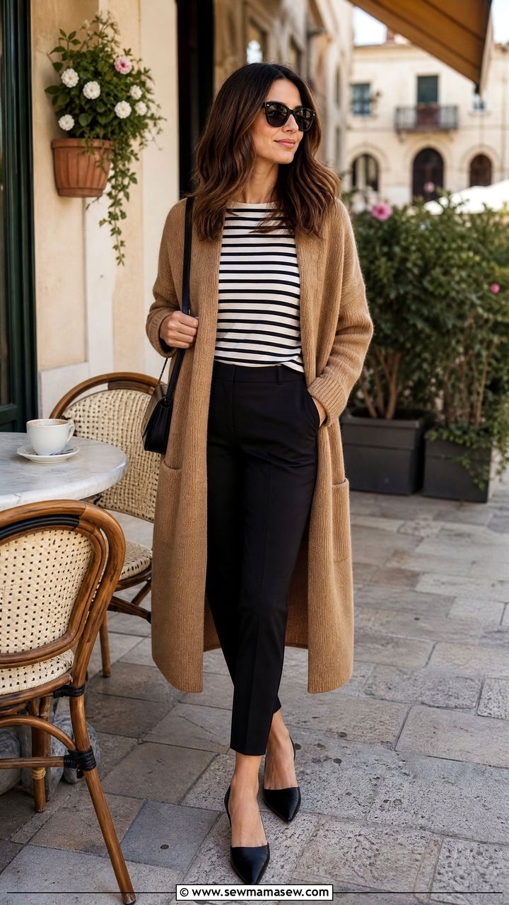 Long Cardigan Striped Tee Cigarette Pants - 25 Italy packing list outfits