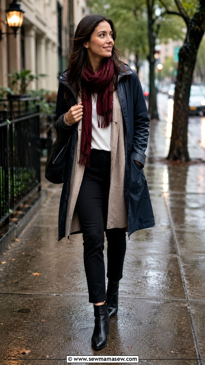 Long Cardigan Under Raincoat With Slim Pants - 30 Rainy day work outfit ideas