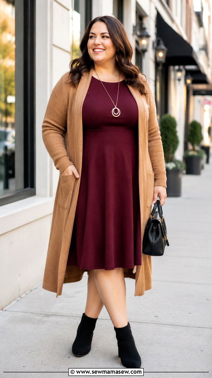 Long Cardigan With A Line Dress And Ankle Boots - 25 Outfit ideas for pear shape plus size