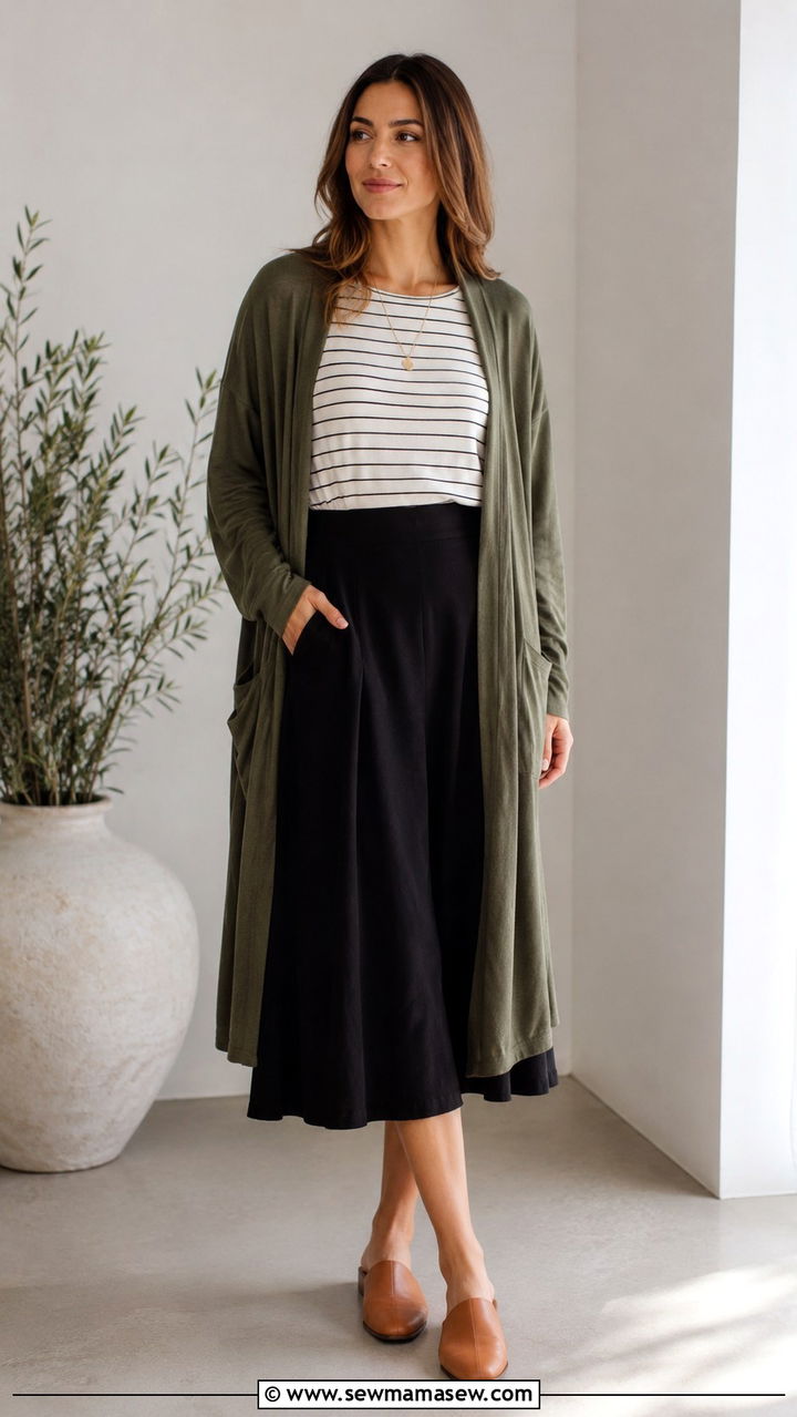 Long Cardigan With A Tee And Midi Skirt - 30 Outfit ideas for working moms