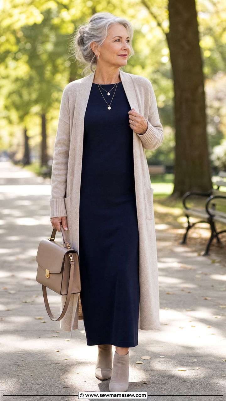 Long Cardigan With Column Dress Outfit - 25 Midsize outfits for women over 60