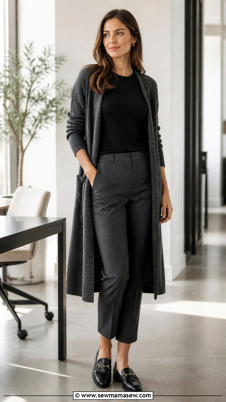 Long Cardigan With Fitted Knit Top and Cropped Trousers - 40 First day of work outfits