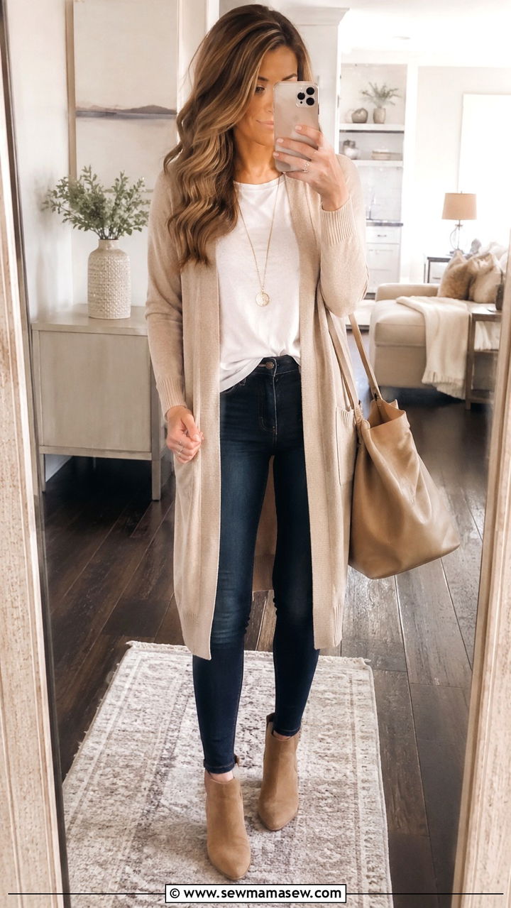 Long Cardigan With Fitted Tee And Skinny Jeans Rectangle Body - 30 Outfit ideas for rectangle body
