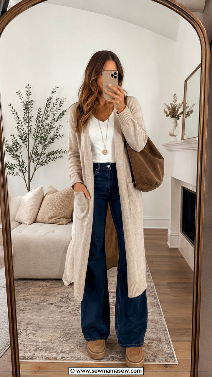 Long Cardigan With Flare Jeans Outfit - 25 Outfit ideas for strawberry body shape
