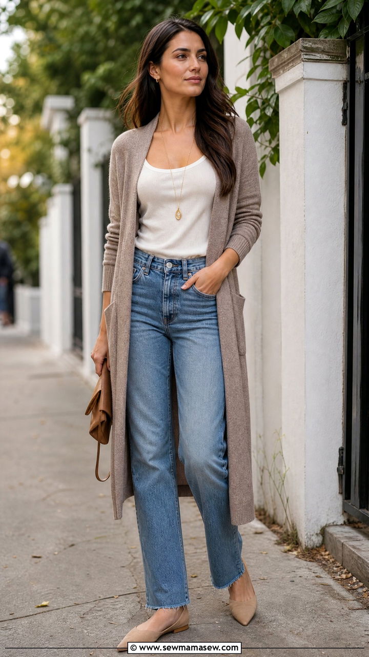 Long Cardigan With High Waisted Jeans - 25 Outfits for long torso women
