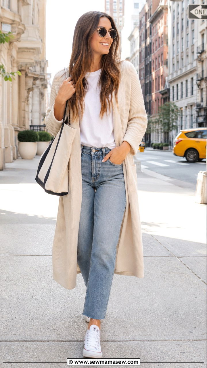 Long Cardigan With Jeans and White Tee Travel Look - 20 How to style a cardigan for travel