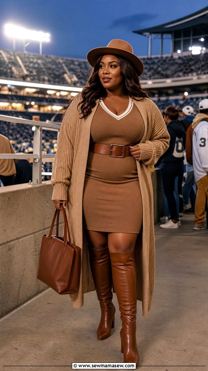Long Cardigan With Jersey Dress And Knee Boots - 30 Football game outfit ideas plus size