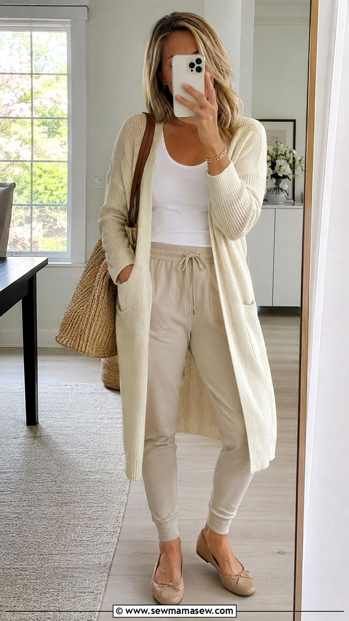 Long Cardigan With Joggers and Ballet Flats - 30 Spring outfits with joggers