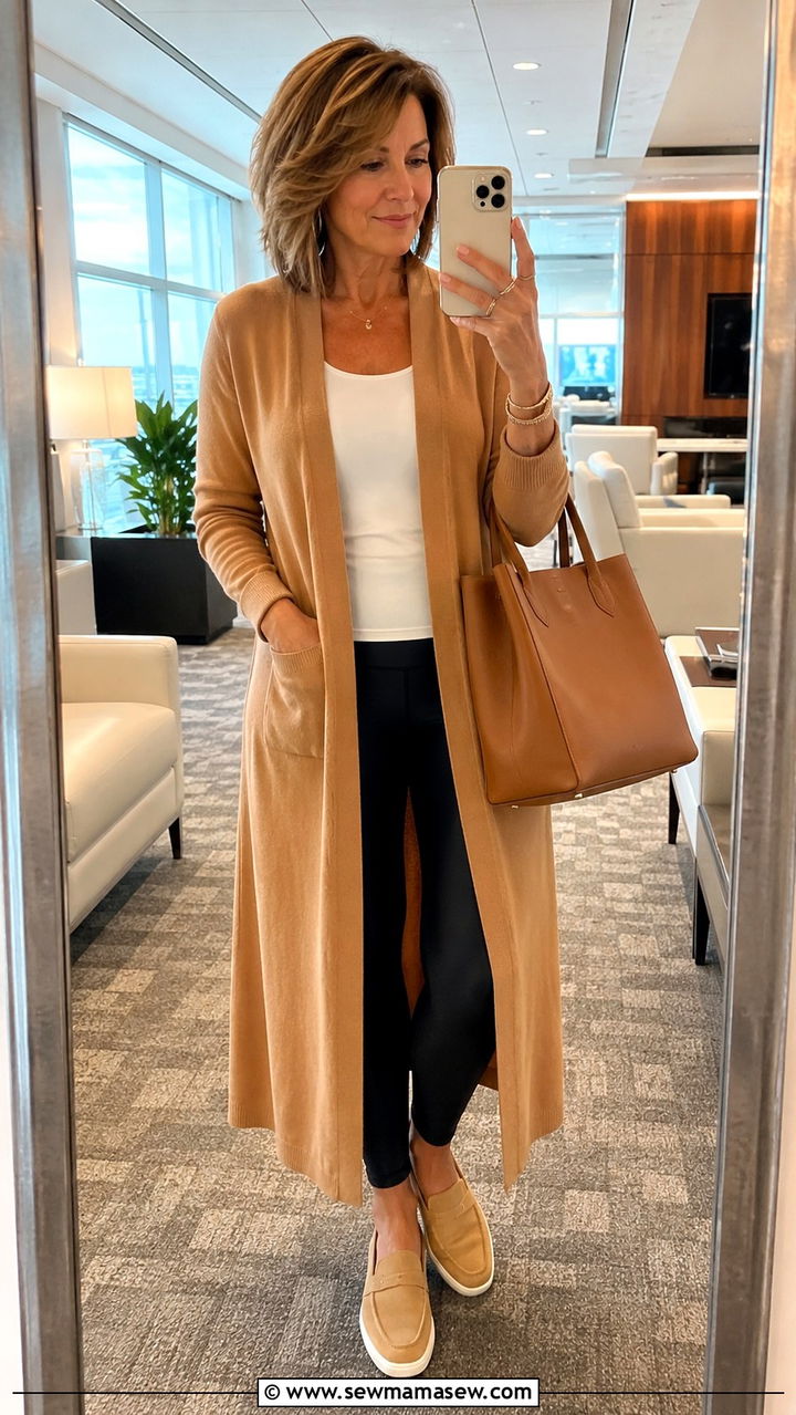 Long Cardigan With Leggings Plane Outfit Over 50 - 25 What to wear on a plane over 50