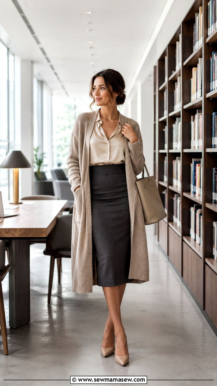Long Cardigan With Midi Pencil Skirt And Pumps - 30 classy college outfits