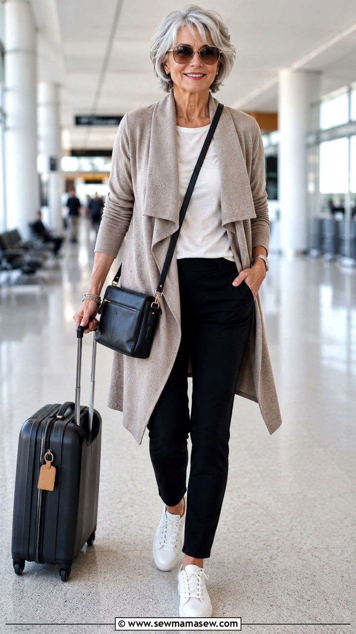 Long Cardigan With Ponte Pants And Sneakers - 30 Travel outfits for women over 60