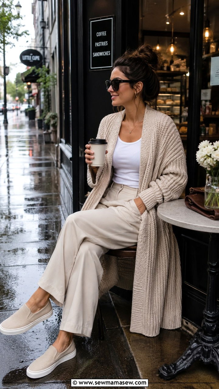 Long Cardigan With Relaxed Trousers And Slip On Sneakers - 30 Rainy day casual outfit ideas