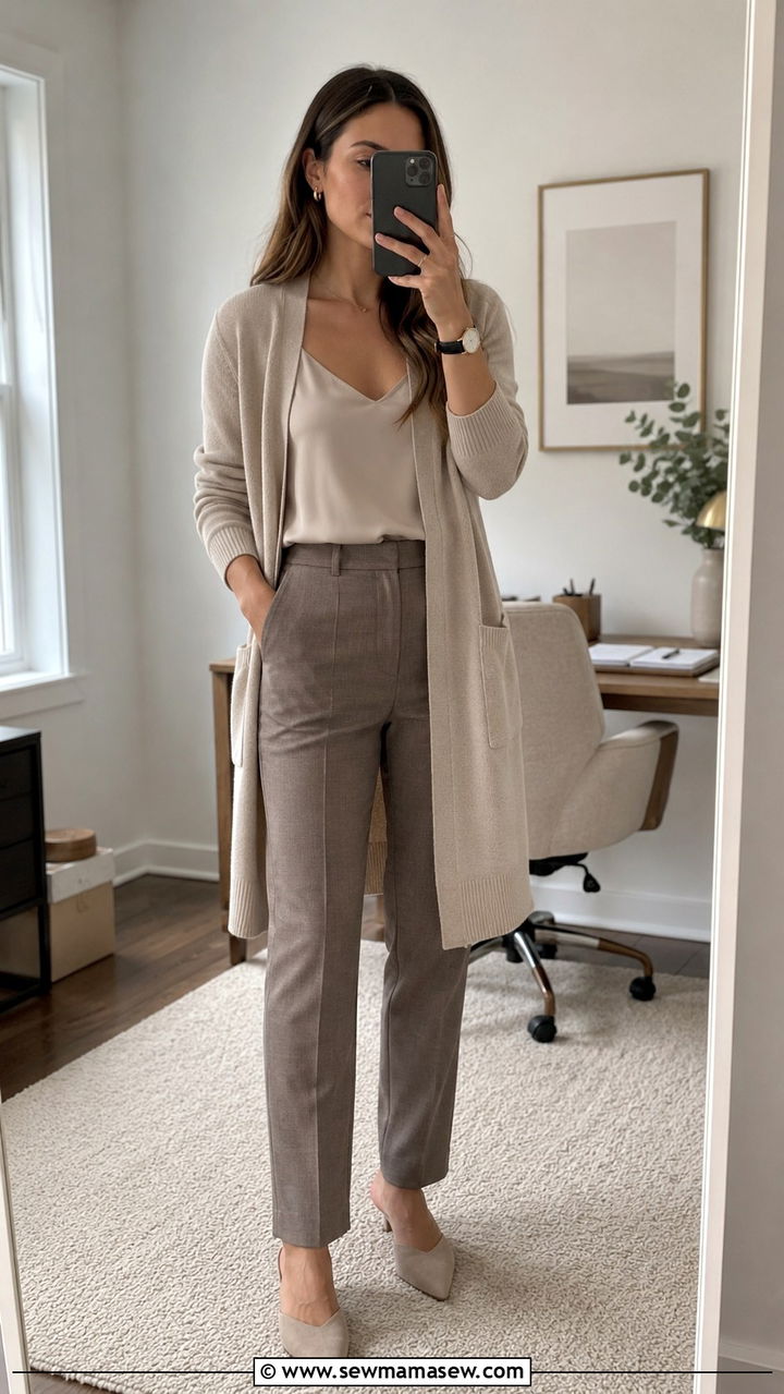 Long Cardigan With Silk Cami and Tailored Trousers - 30 transitional business casual outfits