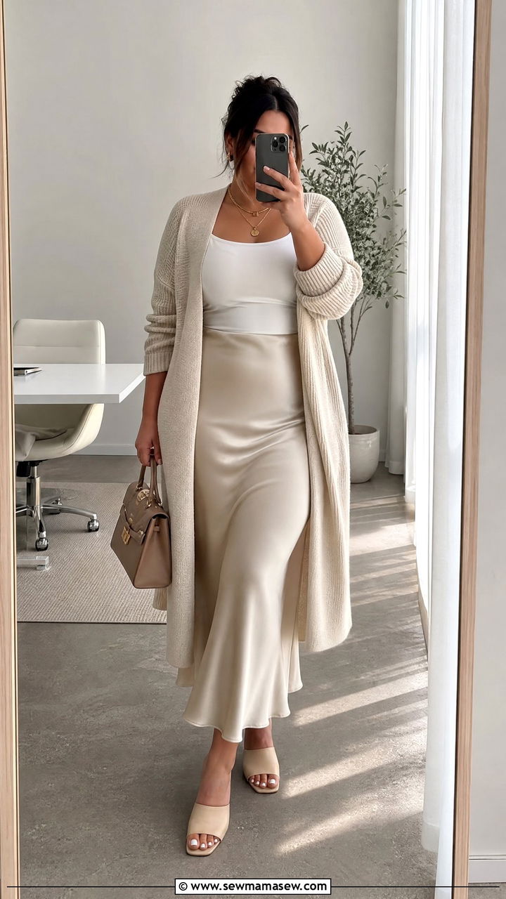Long Cardigan With Slip Skirt And Heeled Mules - 30 classy outfits for curvy women