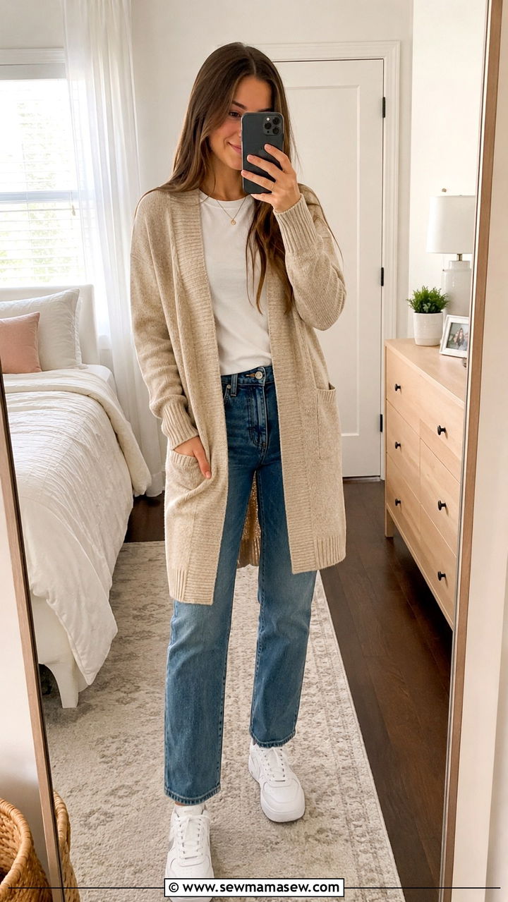Long Cardigan With Straight Leg Jeans - 30 Modest outfit ideas for teens