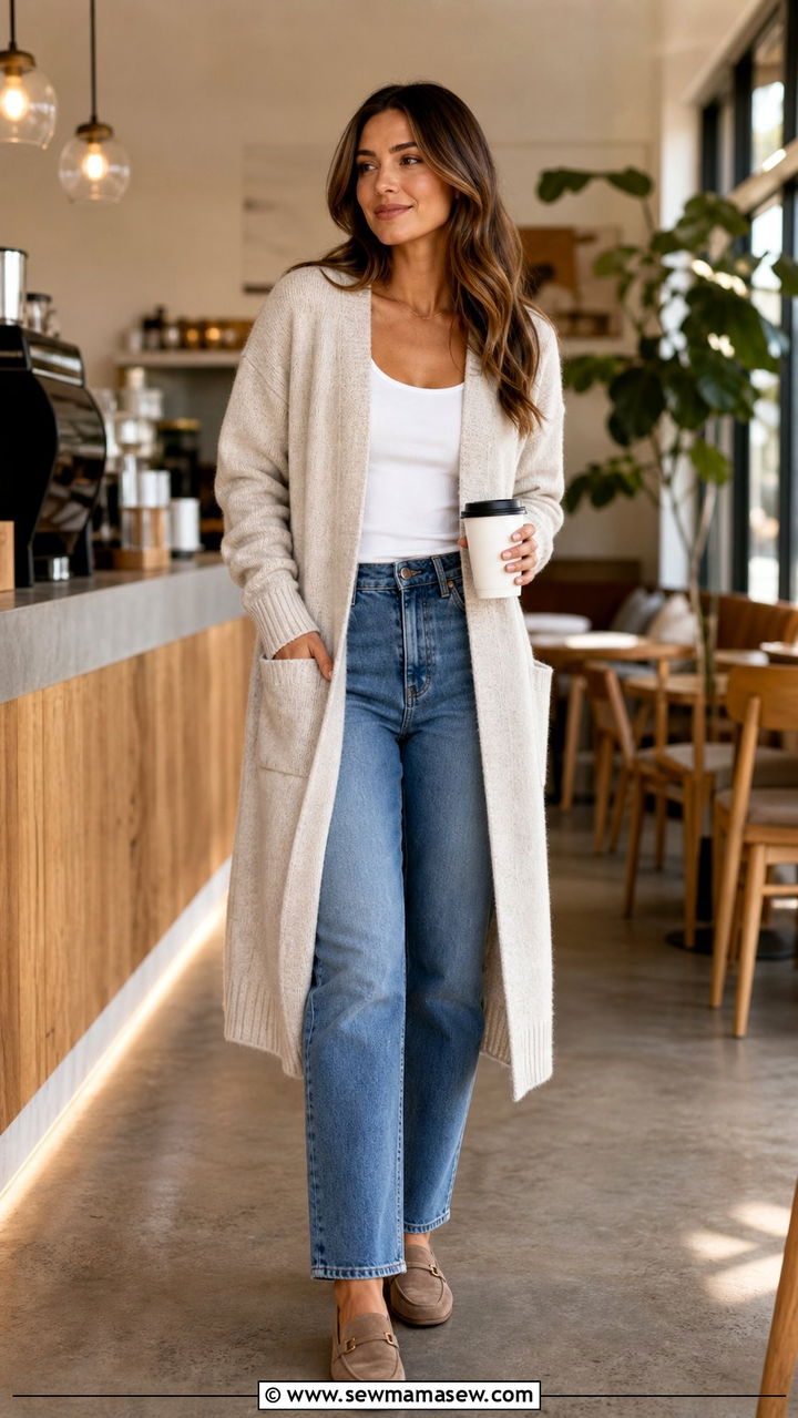 Long Cardigan With Straight Leg Jeans And Suede Loafers - 25 Straight leg jeans outfit ideas with loafers