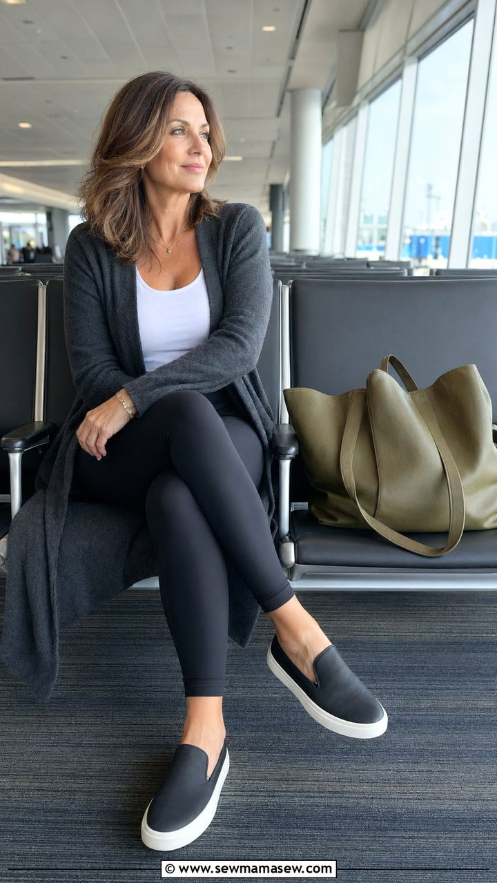 Long Cardigan With Tank And Leggings Airport Outfit - 35 Airport outfits for women over 40