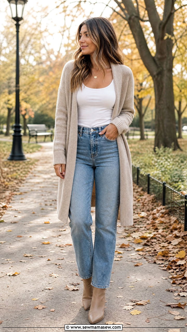 Long Cardigan With Tank Top And Jeans - 25 casual outfits for rectangle body shape