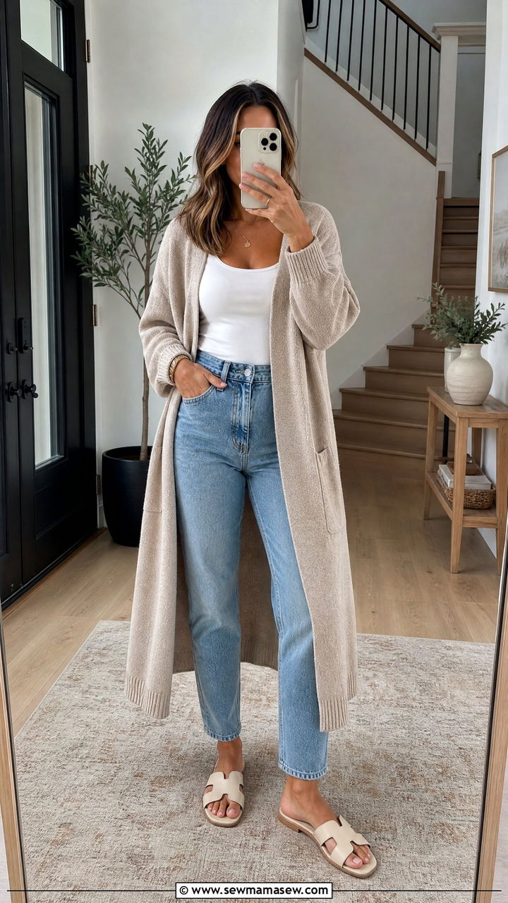 Long Cardigan With Tank Top And Mom Jeans - 30 Elevated mom outfit ideas