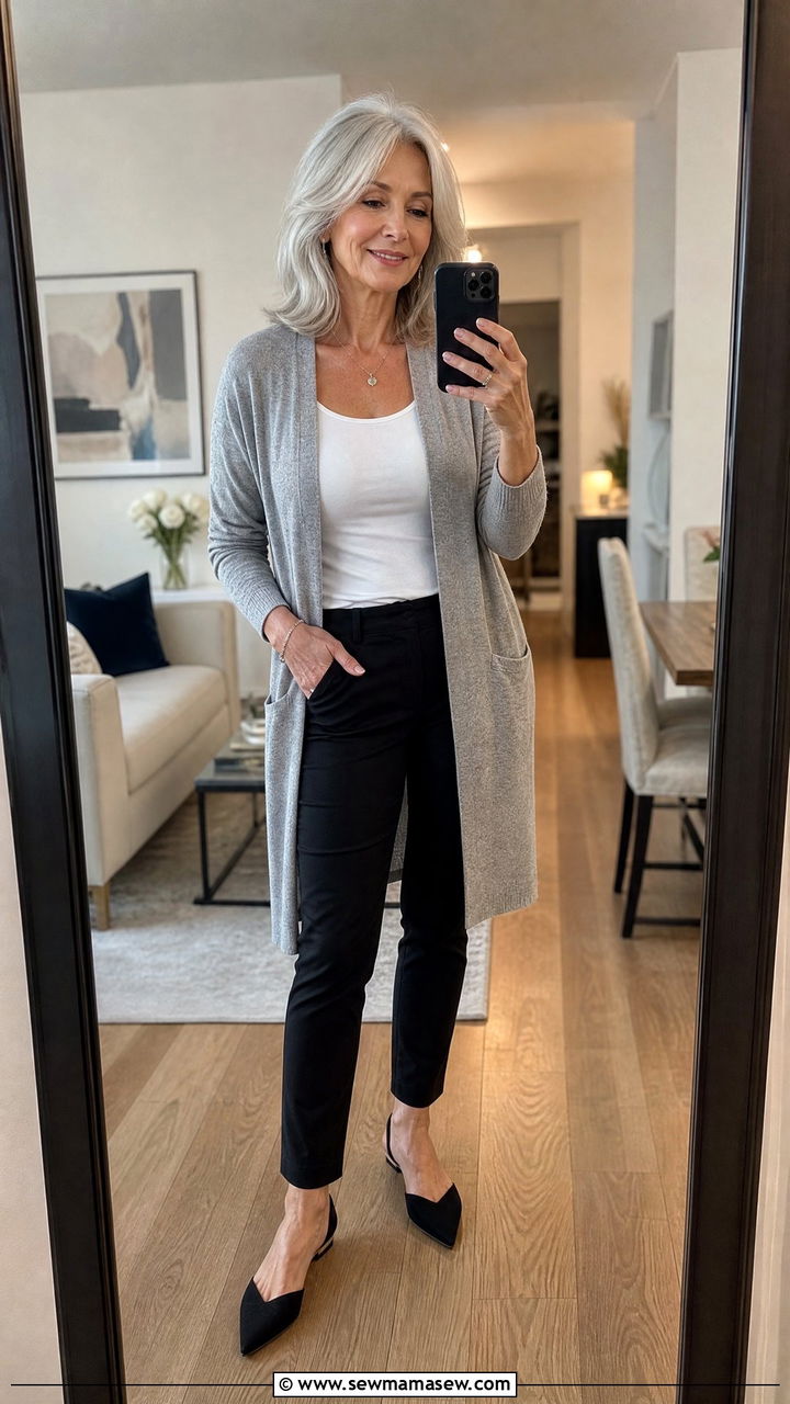 Long Cardigan With Tank Top And Slim Pants For Women Over 60 - 30 Going out outfit ideas women over 60