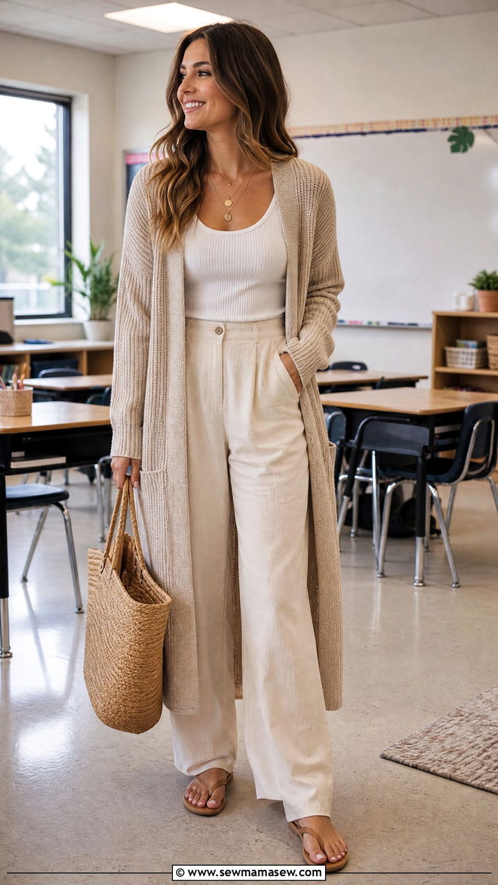 Long Cardigan With Tank Top and Linen Trousers - 25 First year teacher outfit ideas