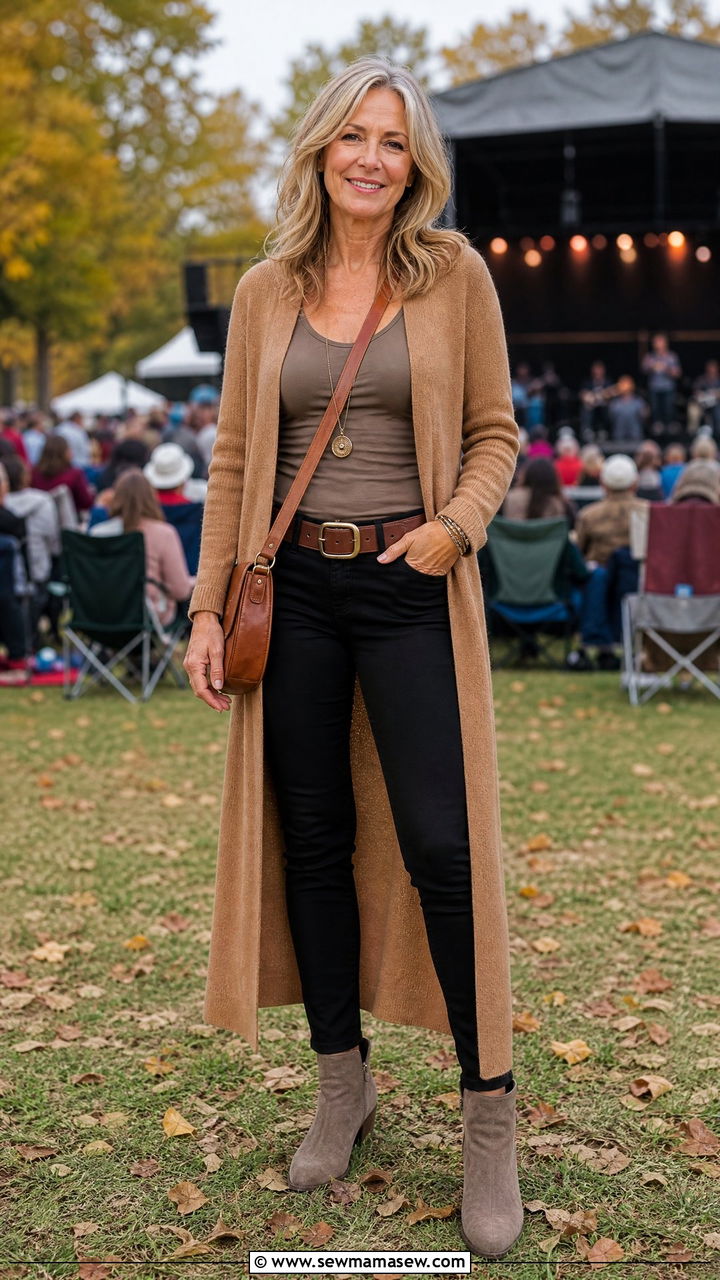 Long Cardigan With Tank and Slim Pants - 30 Concert outfit ideas for women over 50