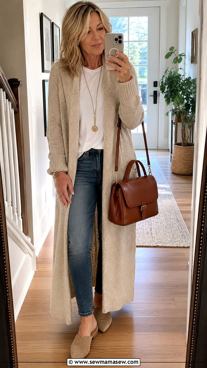 Long Cardigan With Tee And Jeans School Drop Off - 30 Outfit ideas for women over 50 school drop off