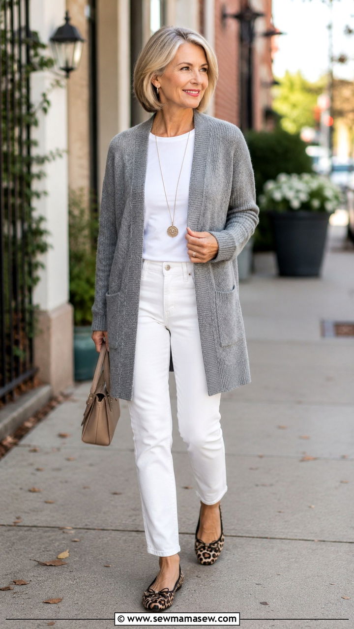 Long Cardigan With White Jeans and a Simple Tee - 30 Petite outfits for women over 50