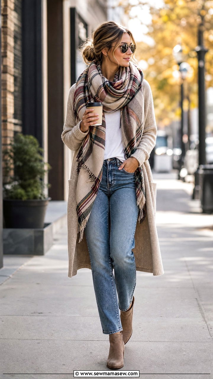 Long Cardigan With White Tee Blue Jeans And Blanket Scarf - 35 Hygge outfit ideas
