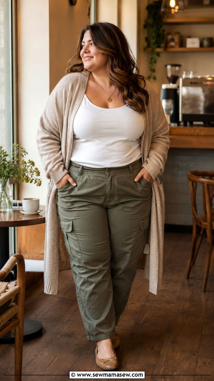 Long Cardigan With a Tank Top Cargo Pants and Ballet Flats - 30 Plus size outfit ideas with cargo pants