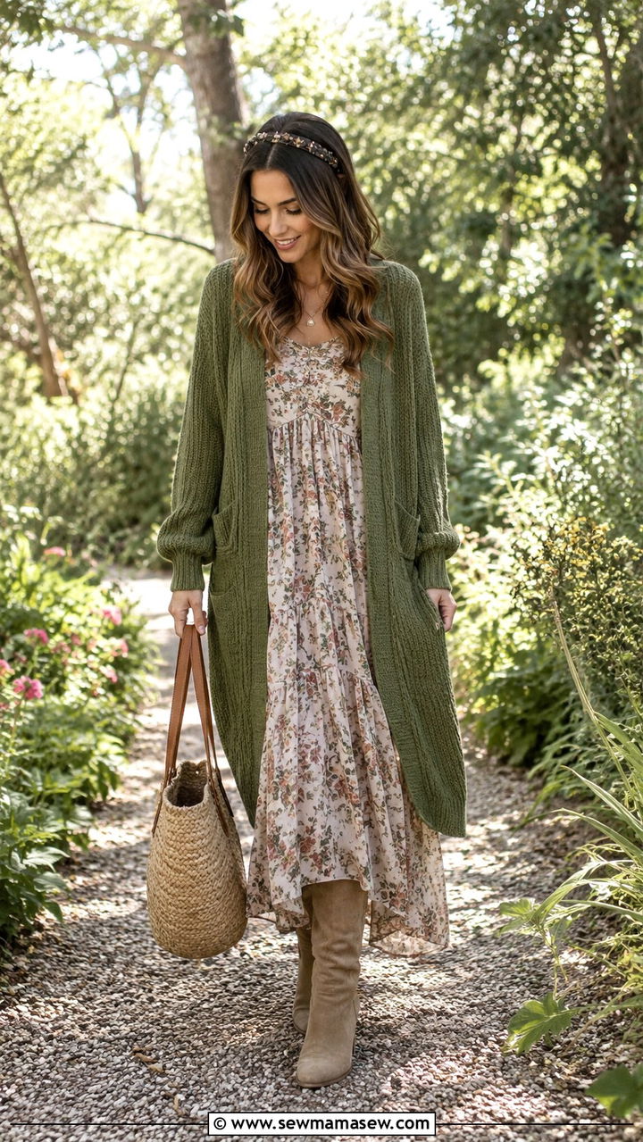 Long Cardigan and Floral Maxi Dress - 25 poetcore outfits for women