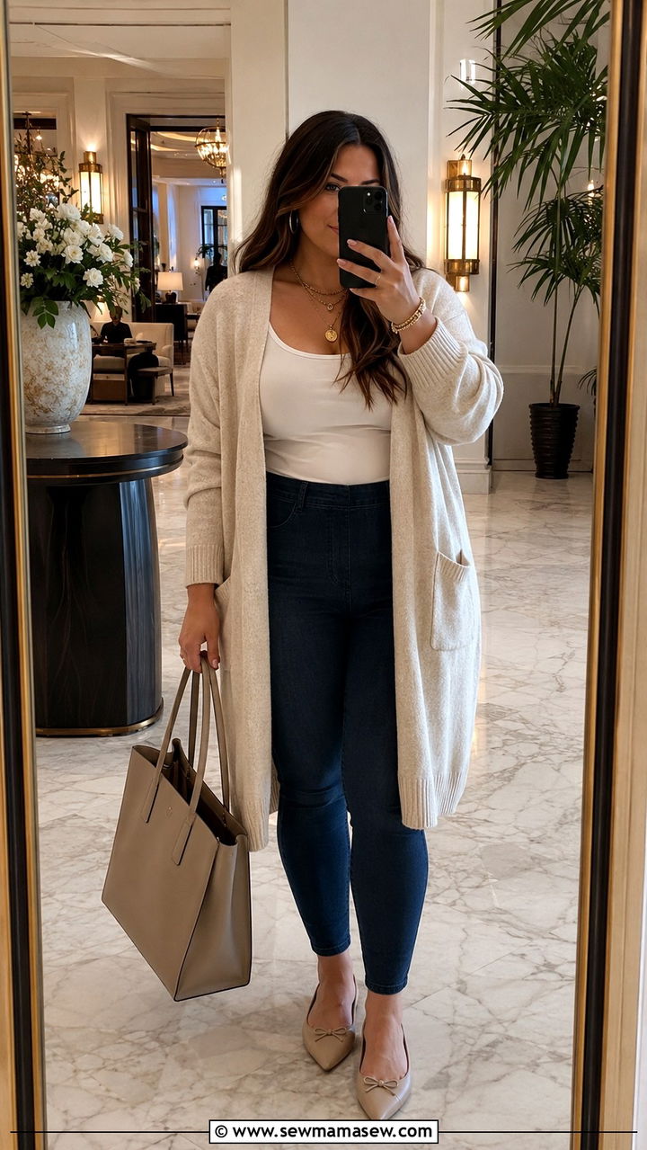 Long Cardigan and Jeggings Travel Outfit Curvy Women - 25 Travel outfit ideas curvy women