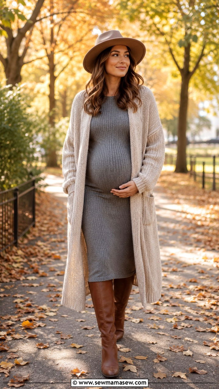 Long Cardigan and Midi Dress with Boots Postpartum - 25 Postpartum outfit ideas that fit new body