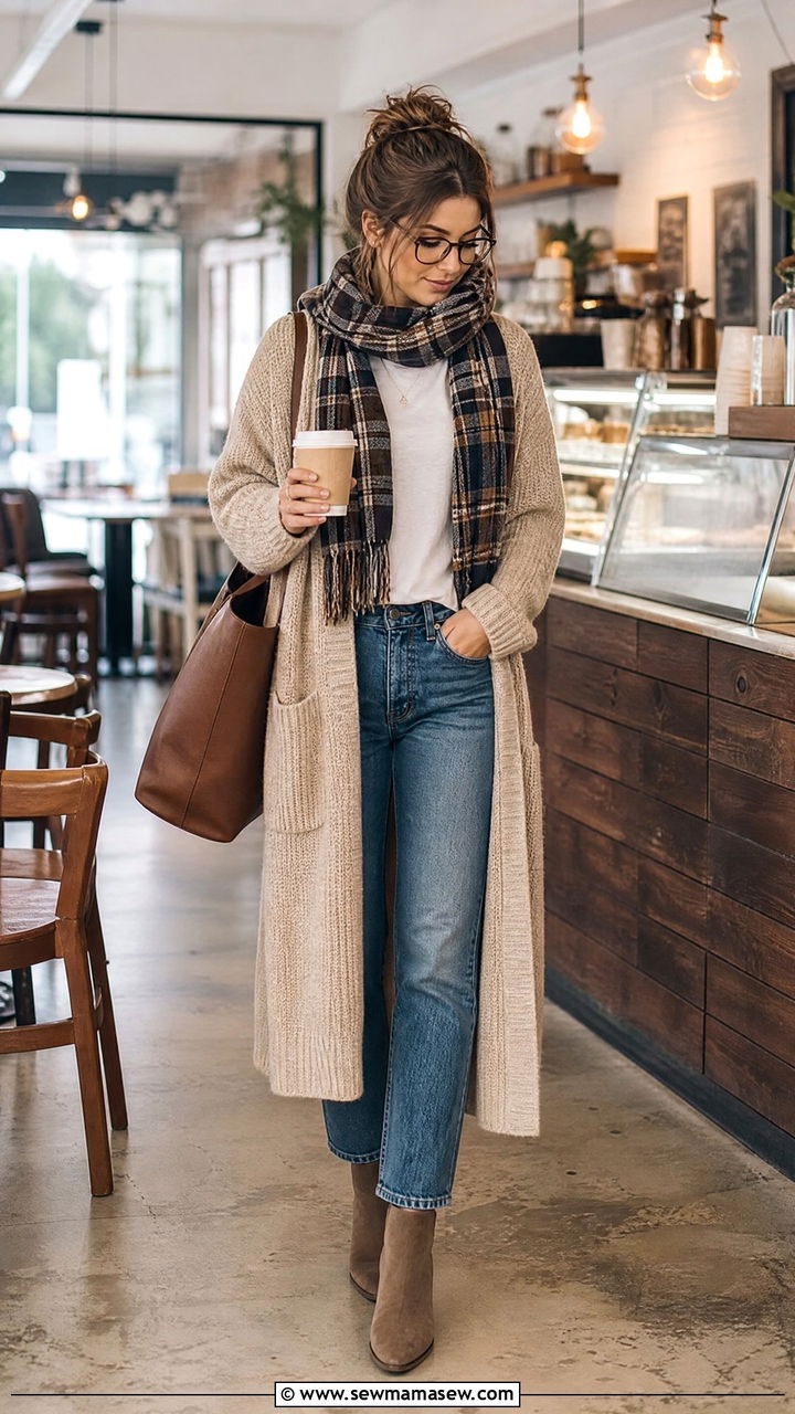 Long Cardigan and Plaid Scarf Outfit - 25 librarian core outfits inspo