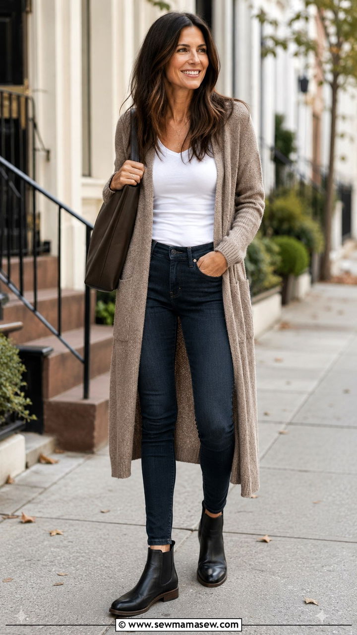 Long Cardigan and Skinny Jeans Tall Women Over 40 - 30 Tall outfits for women over 40