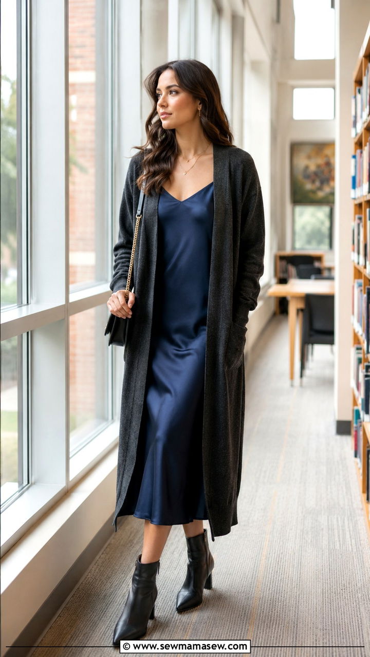 Long Cardigan and Slip Dress MBA Layering Outfit - 30 MBA student outfit ideas