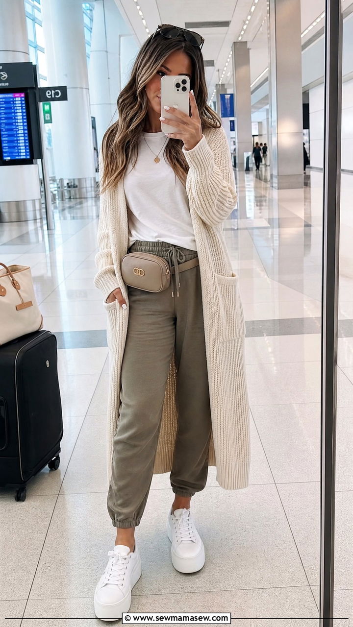 Long Cardigan and Soft Joggers with Platform Sneakers - 25 Loungewear outfit ideas for travel
