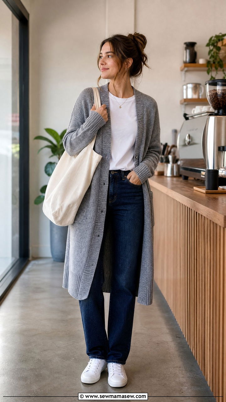 Long Cardigan and Straight Leg Jeans - 25 librarian core outfits aesthetic