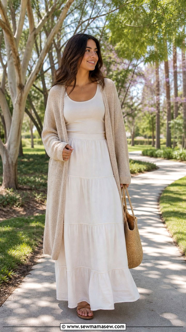 Long Cardigan and Tiered Maxi Skirt - 40 cute maxi skirt outfits
