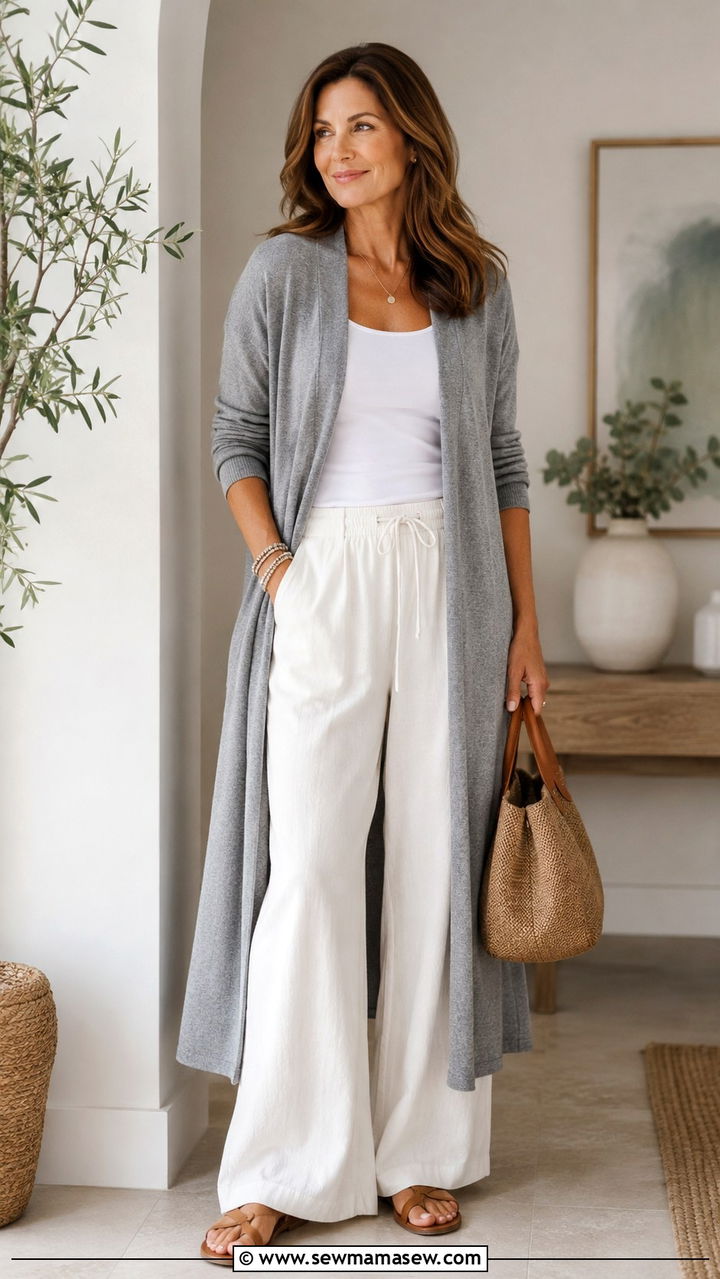 Long Cardigan over a Tank Top and Wide Leg Pants - 25 Midlife outfit ideas