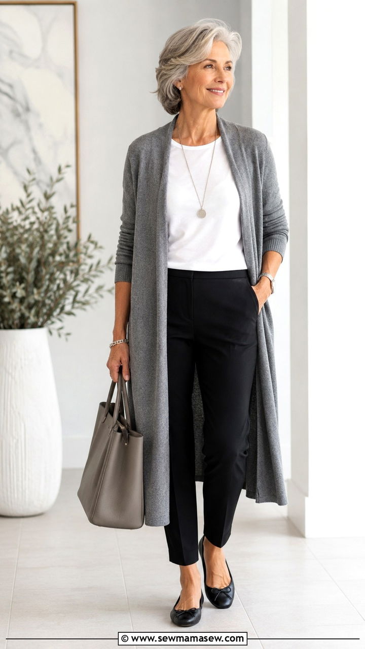 Long Cardigan with Ankle Pants and Ballet Flats - 25 Weekend outfit ideas for women over 60