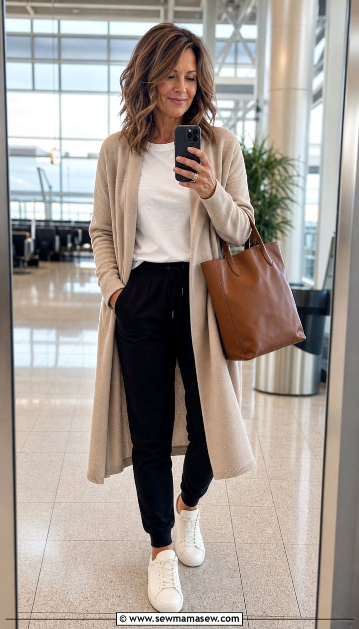 Long Cardigan with Black Joggers and White Sneakers - 25 comfortable outfit ideas for women over 40